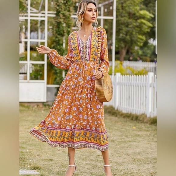 🌞Long Sleeve Cotton V-Neck Button Up Floral Print - Picture 3 of 5